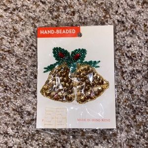 “NEW” Hand Beaded Patch of gold sequins and green & red beads 1950s